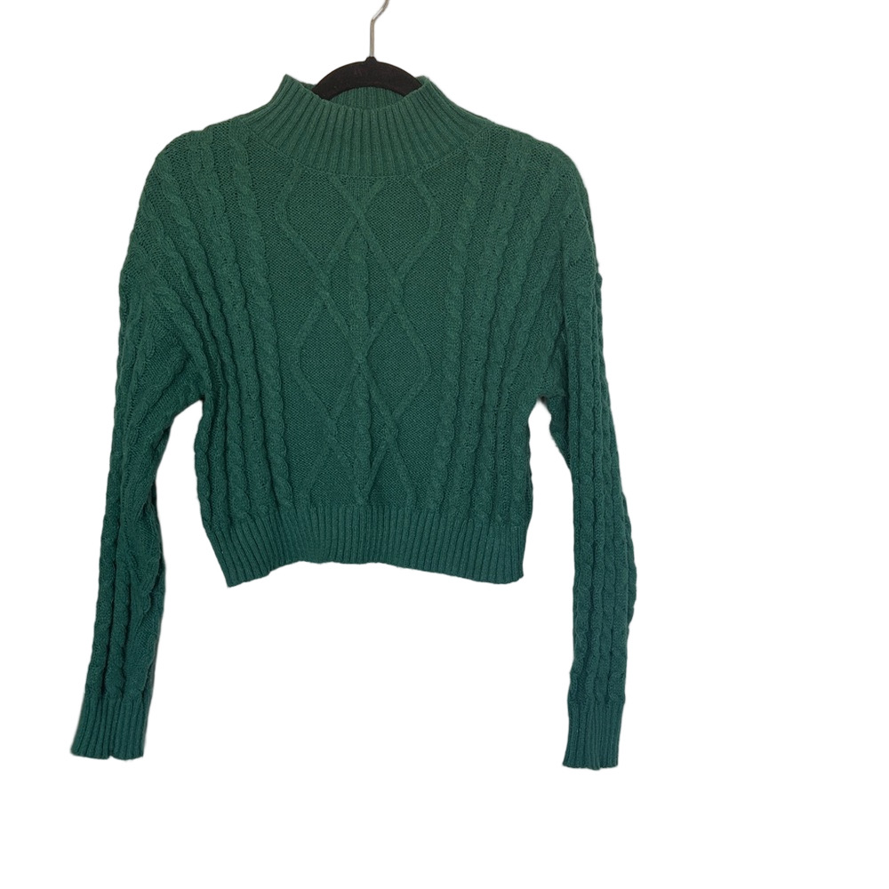 Vivid Green Cropped Cable Knit Mock Neck Sweater Size Small